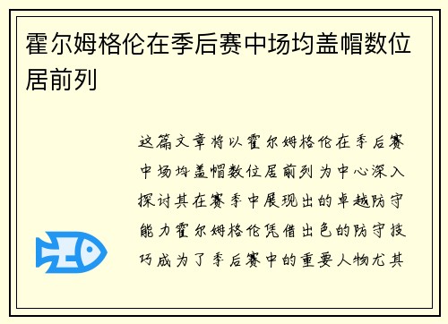 霍尔姆格伦在季后赛中场均盖帽数位居前列